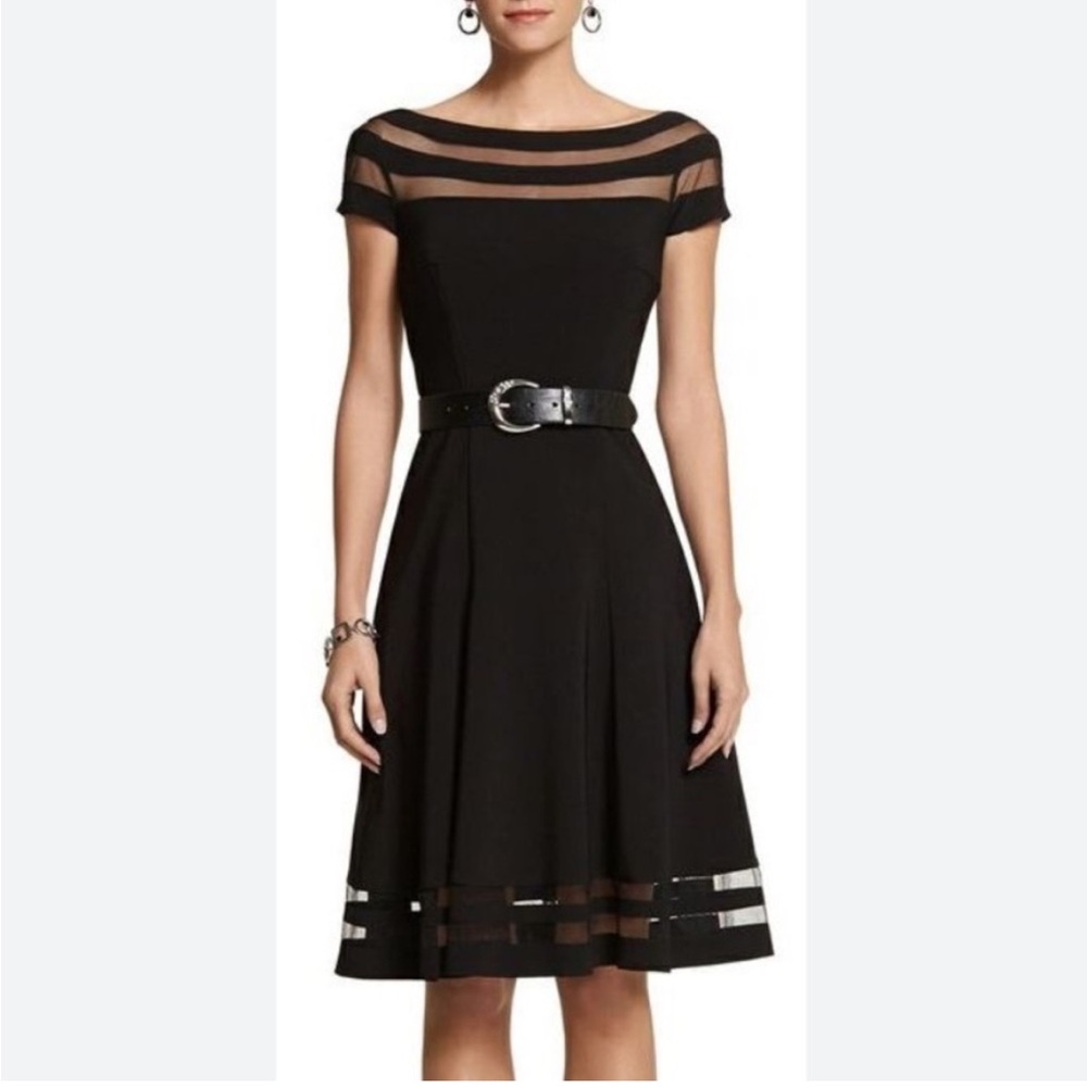 White House Black Market Black Midi Dress fit and flare with mesh insets size 4